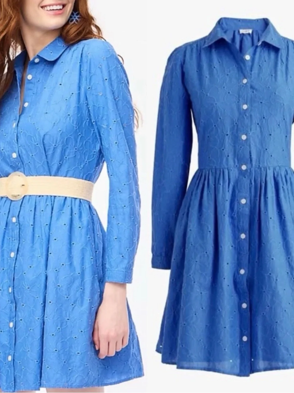 J. Crew Blue Eyelet Button-Front Long Sleeve Dress